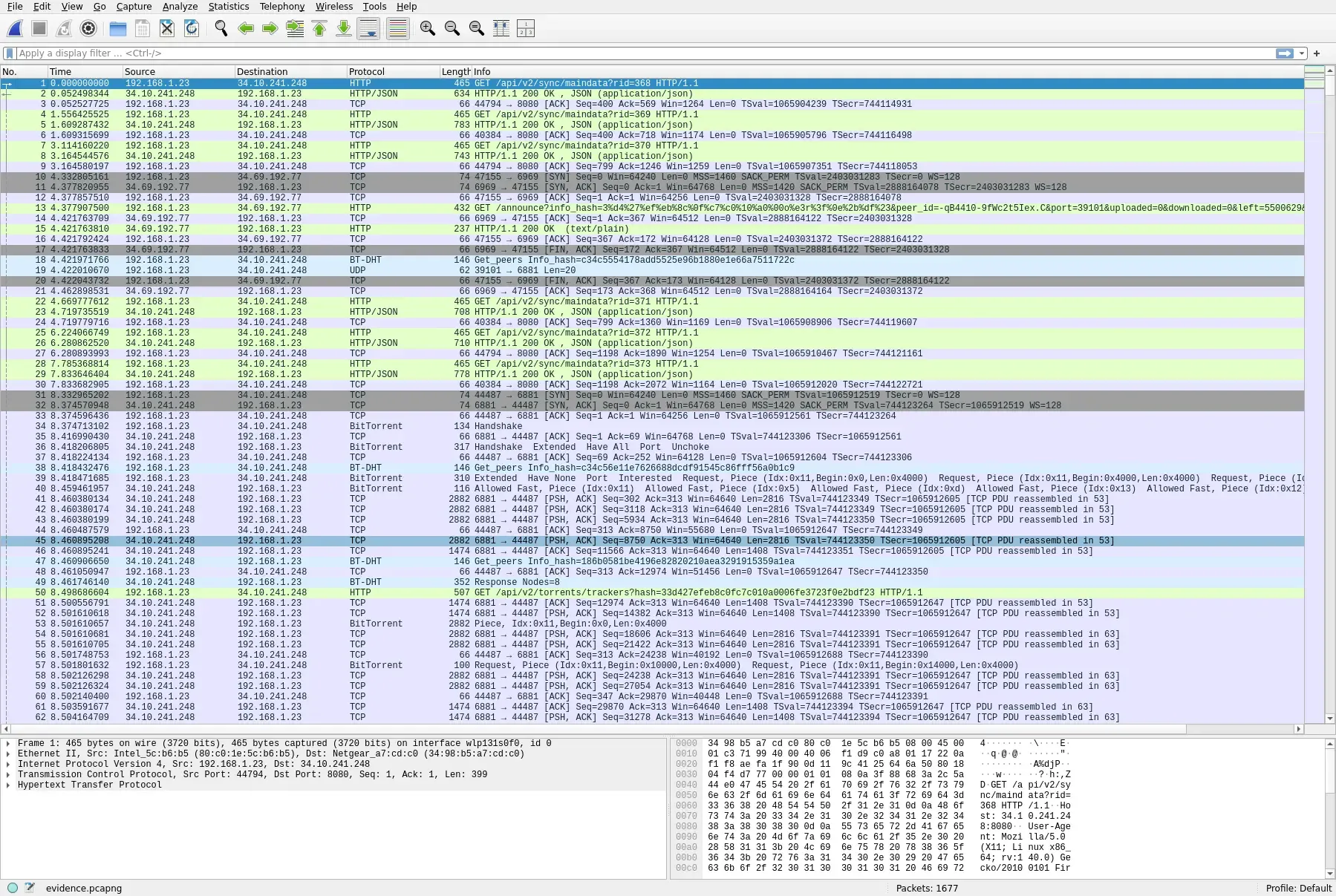 Wireshark showing the contents of the pcapng file