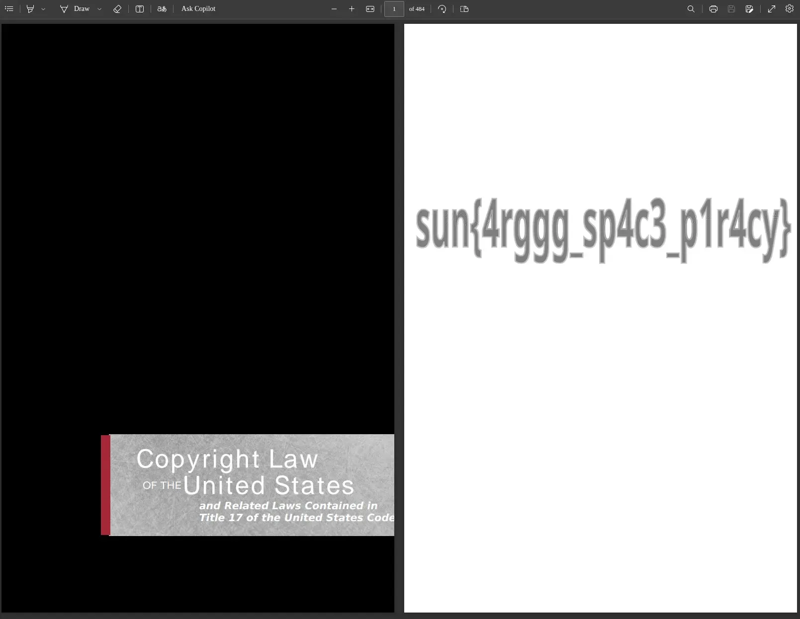 Copyright Law of the United States book with the flag typed on the second page.