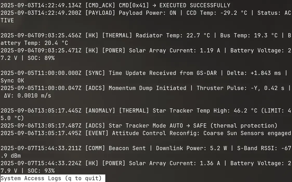 Less menu showing satellite logs